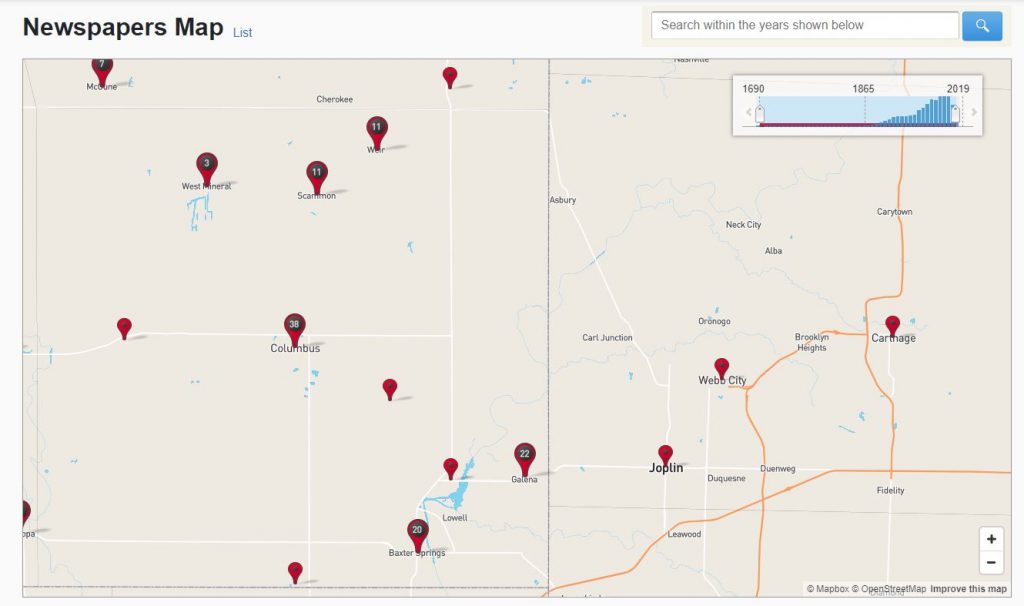 Example of the Newspapers.com Map zoomed in to show papers available in Cherokee County, KS, and Jasper County, MO