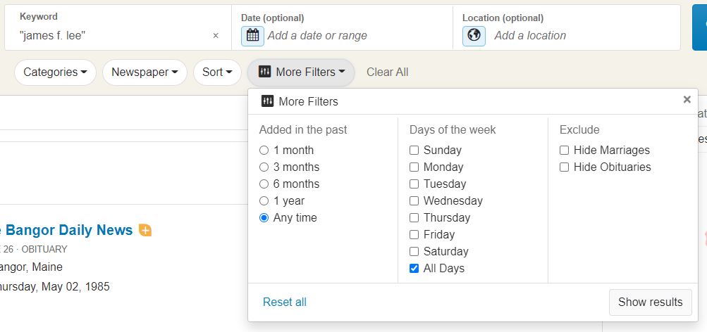 "More filters" options on Newspapers.com™